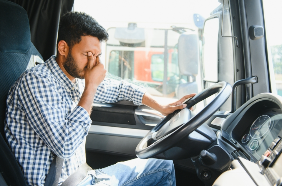 Exhausted truck driver tired and falling asleep on steering wheel